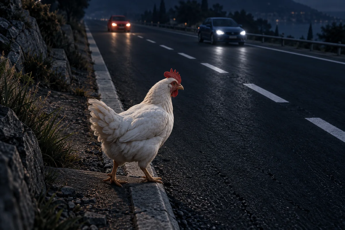 A white chicken standing at the edge of a dark road with dashed lane markings