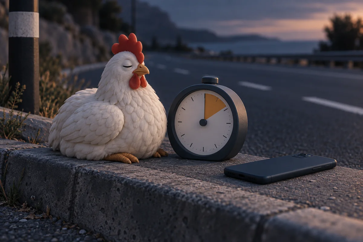 A chicken resting on a roadside curb beside a timer and a phone placed face down